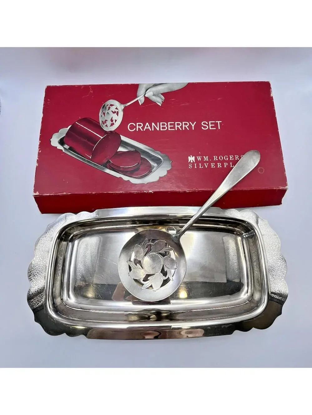 WM. Rogers Silverplate Ocean Spray VTG Cranberry Set Spoon & Plate Original Box